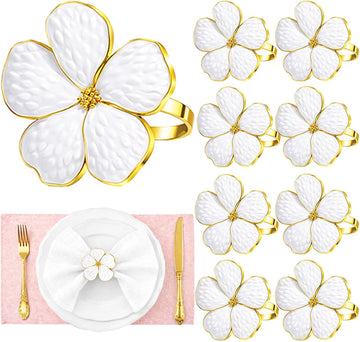 Flower Napkin Rings, European Palace-Style Glaze, High-Temperature Fired Ideal for Photography Props, Ribbon - Set of 8