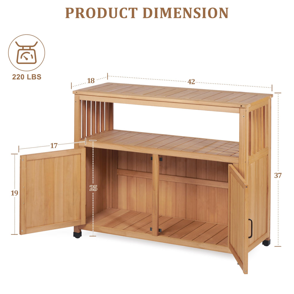 Outdoor Patio Bar Table, Wooden Serving Station with Storage Cabinet