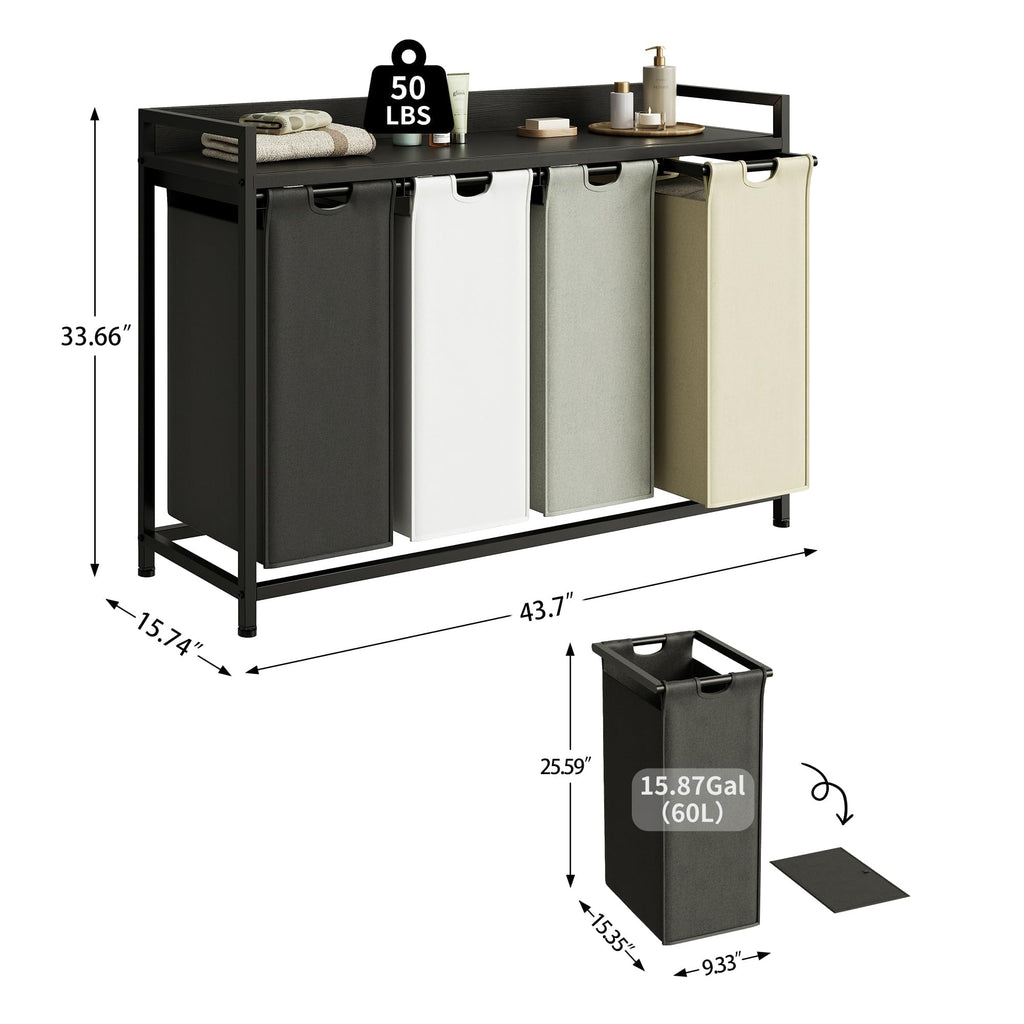 Laundry Hamper with Shelf, Laundry Basket 4 Section, Laundry Sorter with Pull-Out Removable Large 4 Color Bags and