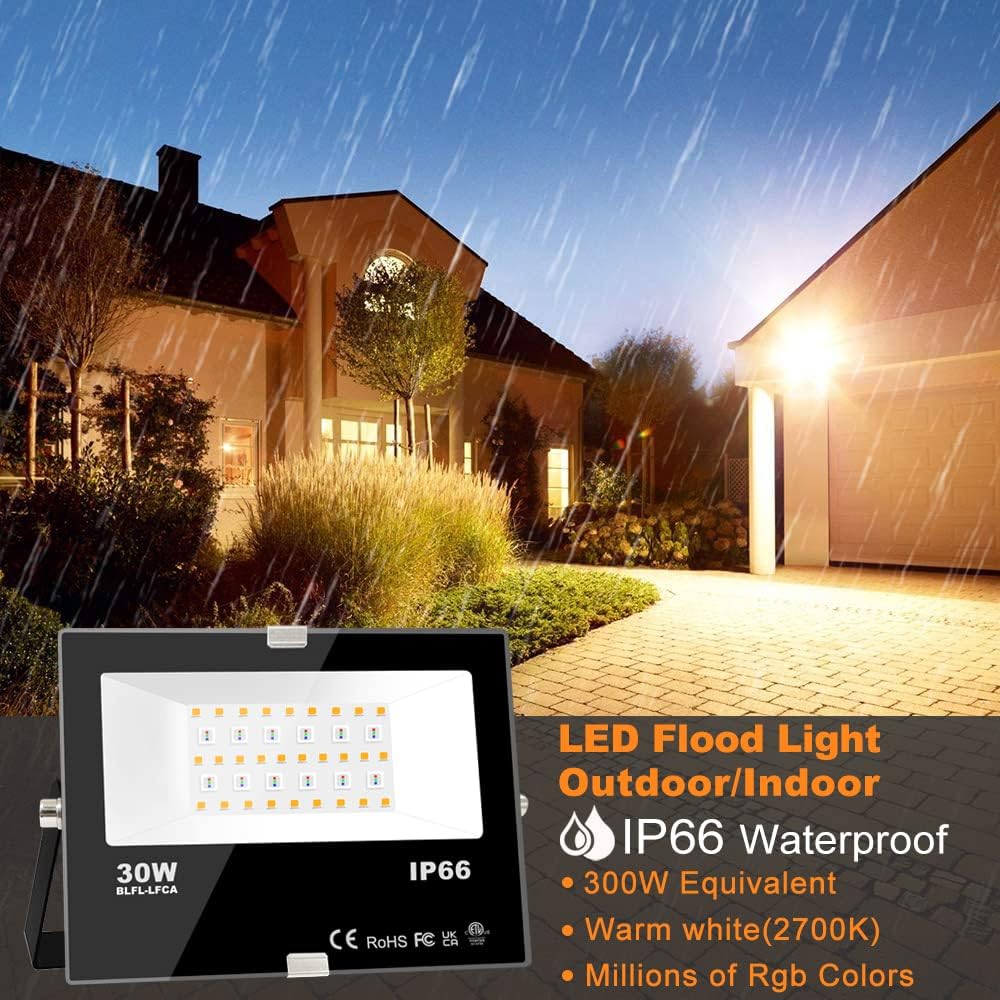 Led Flood Light Outdoor 30W,300W Equivalent, Color Changing RGB Lights | Remote Control, 120 RGB Colors, Warm White