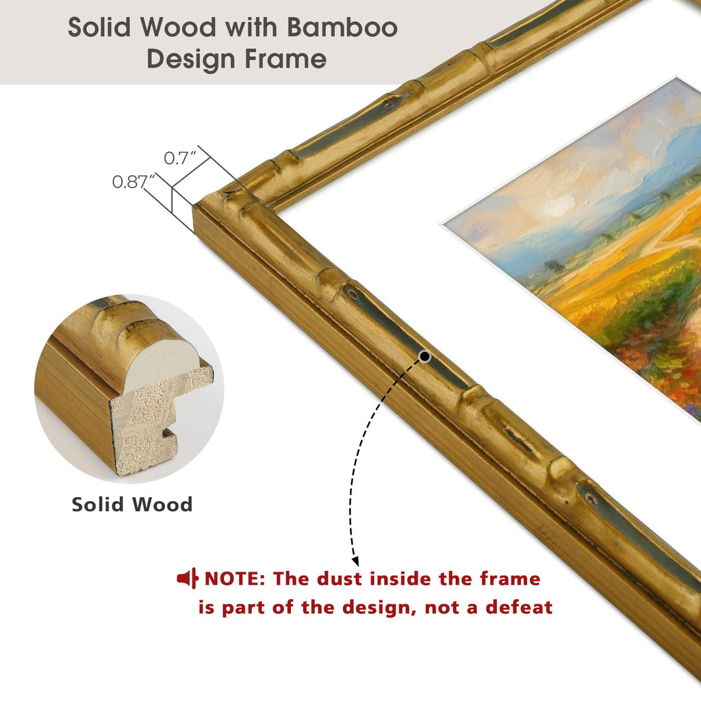 11x14 Gold Vintage Bamboo Frame for 8x10 Photo, Solid Wood