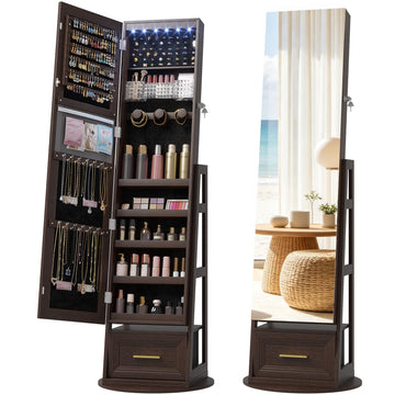 LED Jewelry Cabinet with Full Length Mirror and Drawer, Rotating