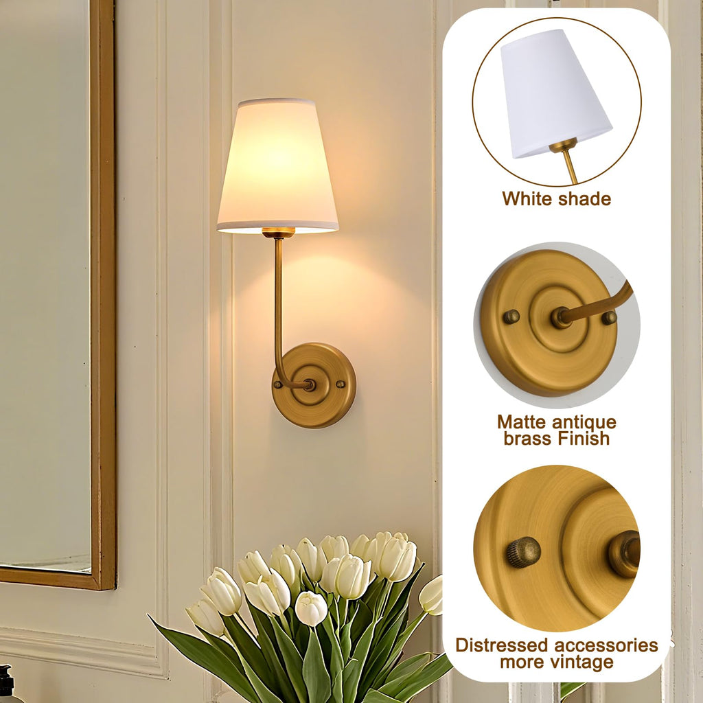 Hardwired Wall Sconce Set of 2 with Flared Shape White Textile Shade Curved Arm and Antique Brass Finish Metal