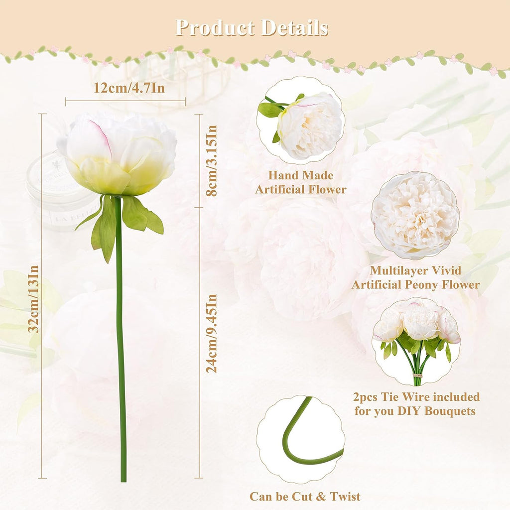 Heads Artificial Peonies Silk Flowers Bouquet Cream White - Set of 10