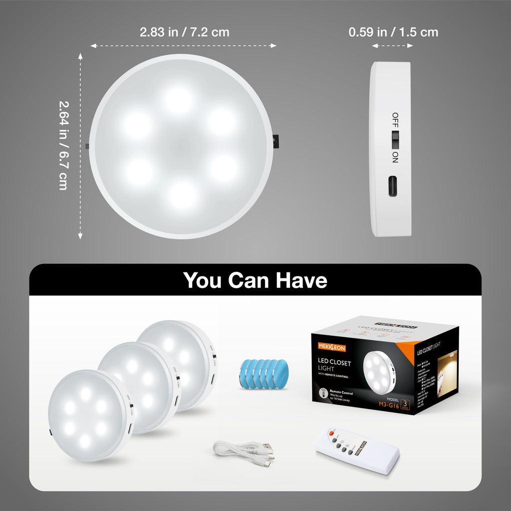 Puck Lights with Remote Control,1000mAh Rechargeable Under Cabinet Lighting,LED Closet Lights,3Pack Night