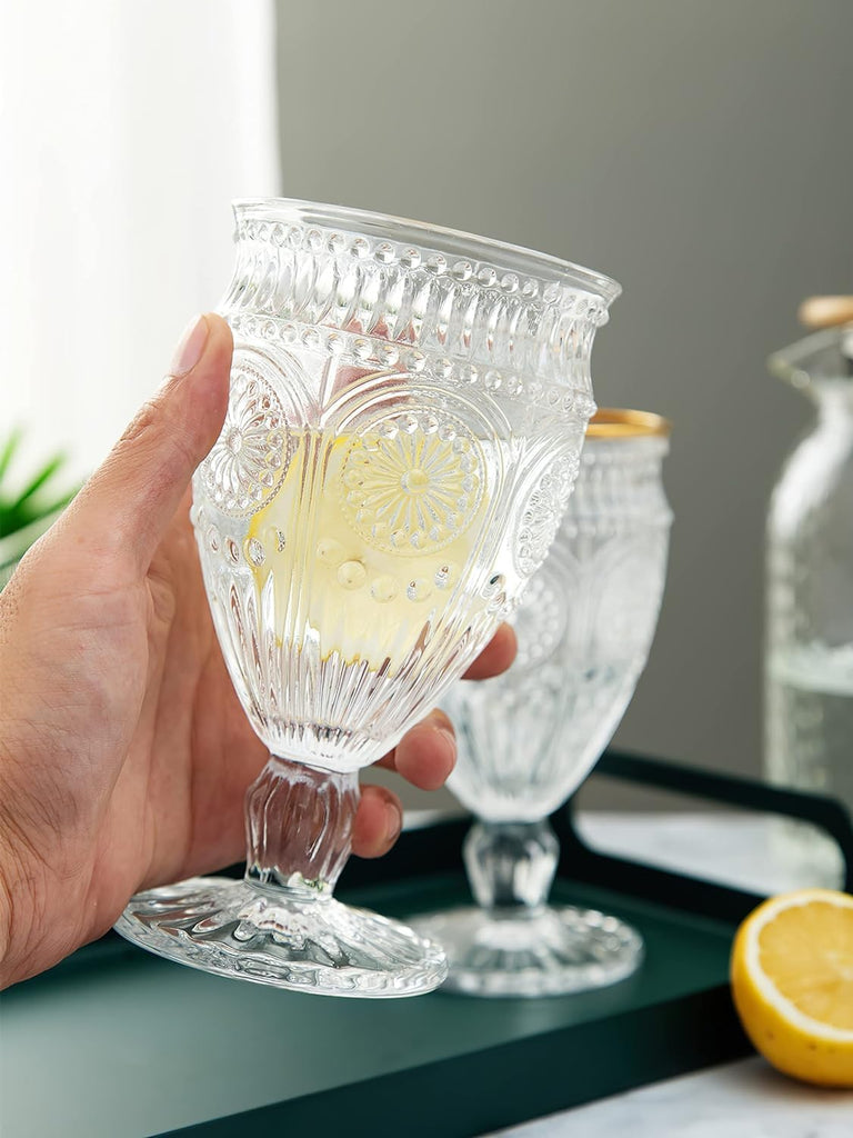 Vintage Goblet Glasses Set of 6, 10 oz Heavy-Duty Pressed Glass Water or Wine Glasses with Ornate Design for Dining