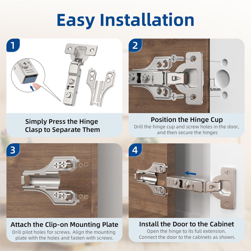 2 Pack 1/4" Partial Overlay Soft Close Concealed Hinge for Face Frame & Frameless Door, 3D Adjustment, Clip-on Plate