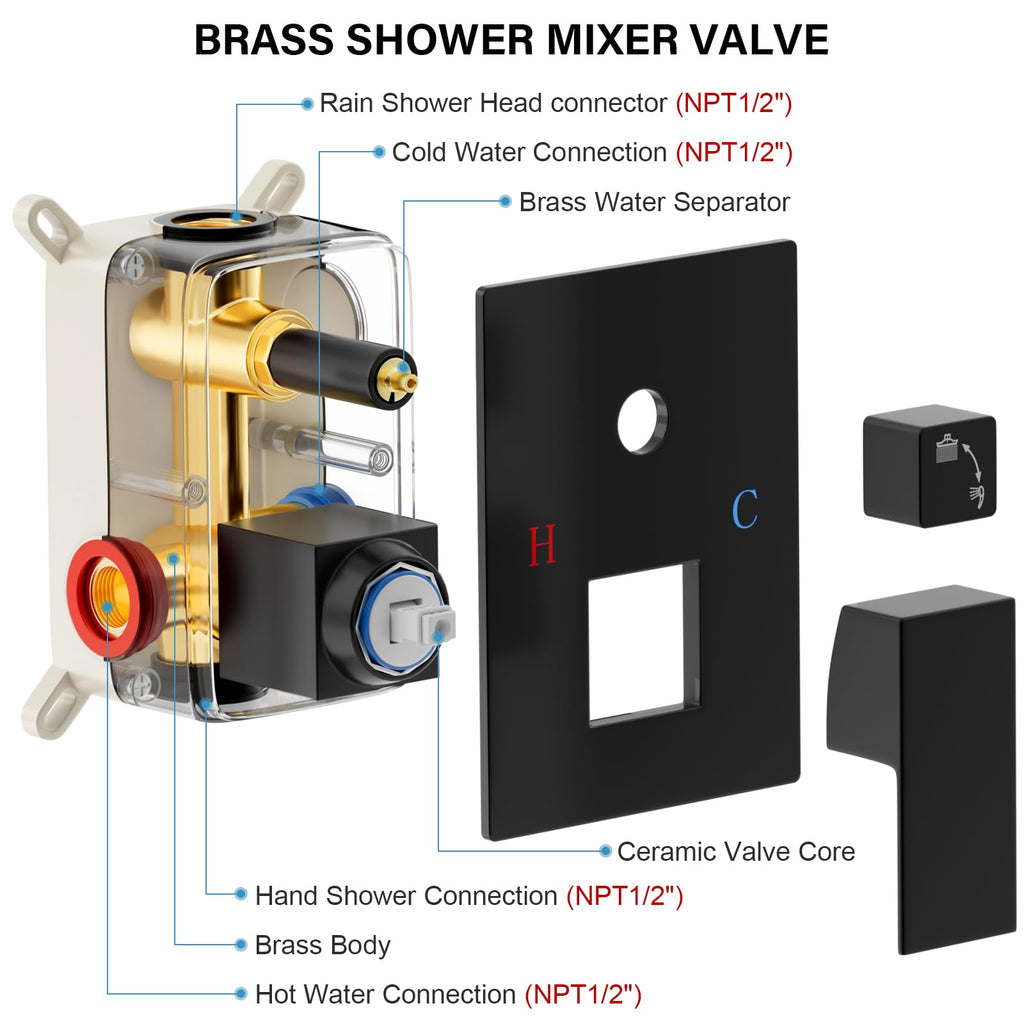 Shower Faucet Set with 16 Inch Matte Black Rain Shower Head