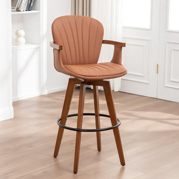 30" Bar Height Stools, Mid Century Modern Bar Stool, Brown PU Leather Kitchen Island Stools, Wood High Barstools Swivel