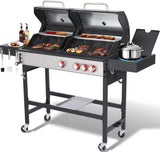 Charcoal and Propane Gas Grill Combo with Side Burner, Dual Fuel BBQ Grill with Porcelain-Enameled Cast Iron Grates