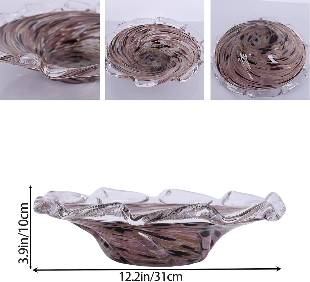 Hand Blown Glass Bowl for Decor, Smoky Rose Swirl Art Glass Fruit Bowl and Entryway Key Bowl, Decorative Catchall
