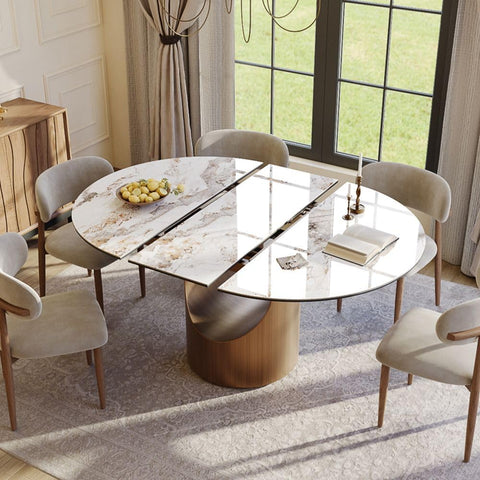 Modern Extendable Dining Table for 4-6, 47" to 63" Round to Oval Sintered Stone Kitchen Table with Carbon Steel Base
