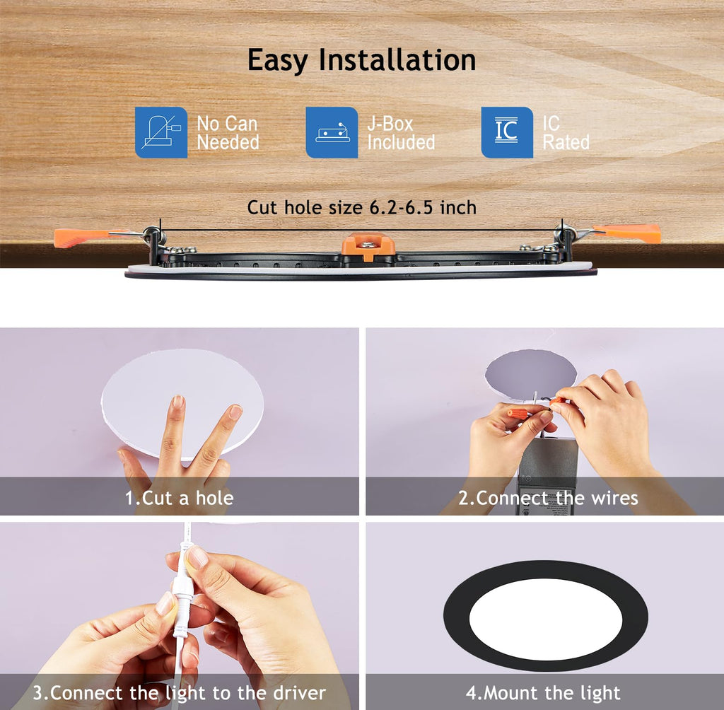 Black Recessed Lights Canless 6 Inch Wafer Pot Lighting, 6 Pack