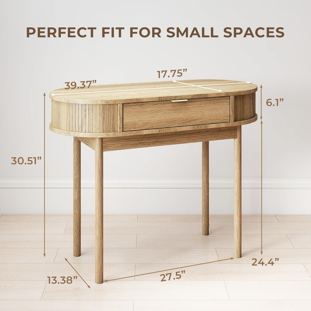Writing Desk with Drawer, 39" Small Computer Desk with Fluted Design, Oval Wood Study Table for Small Space, Modern