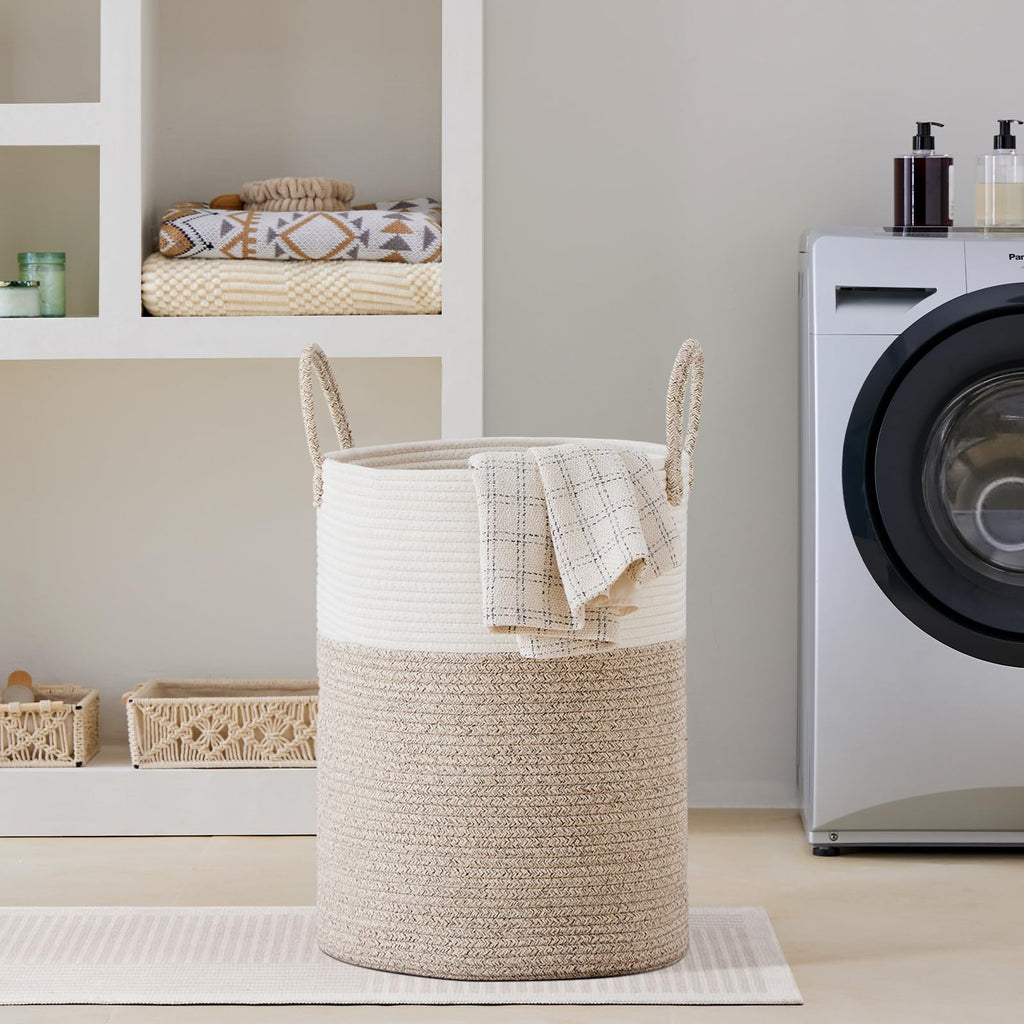 100L Extra Large Woven Laundry Basket Hamper, White Brown
