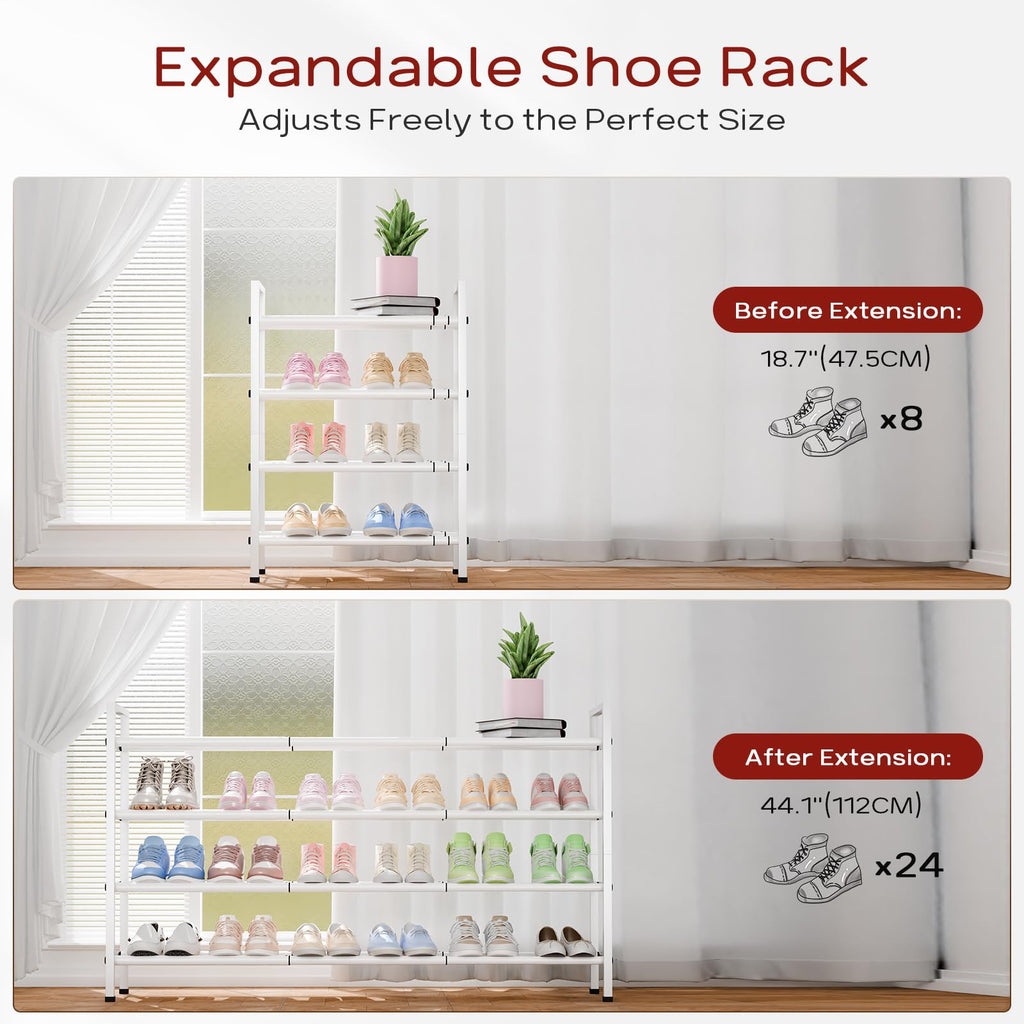 4 Tier Long Expandable Shoe Rack for Closet, White