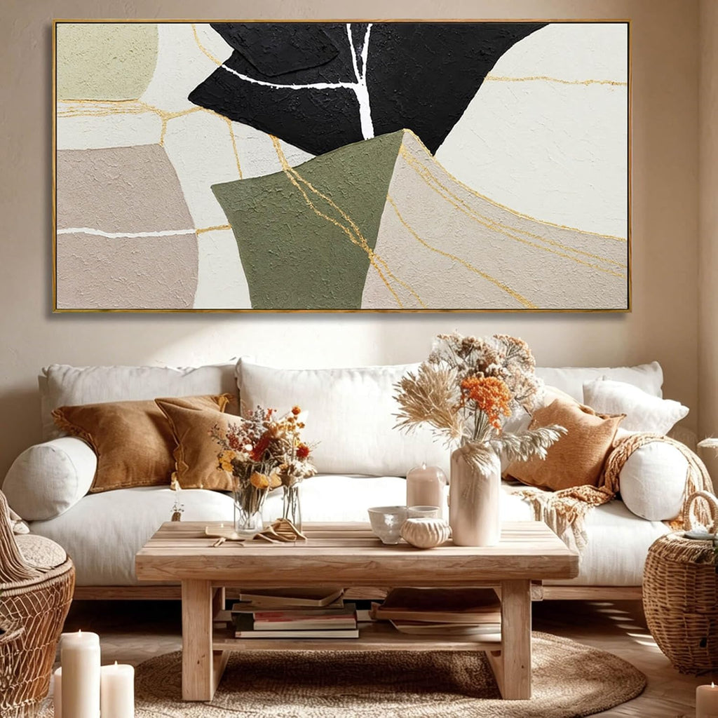 Abstract Canvas Wall Art Modern Neutral Geometry Wall Decor Pictures Black Beige Green Minimalism Line Paintings