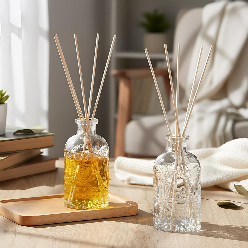 Set Glass Reed Diffusers Bottles Vintage Design Embossed Fleur - Set of 2