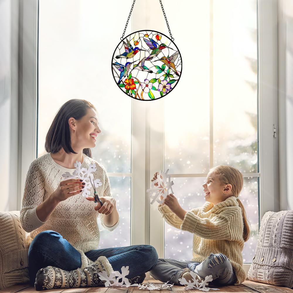 Hummingbird and Flowers Stained Glass Window Hanging - 8′′ Hummingbird Suncatcher Indoor Window Hanging Decor Birds