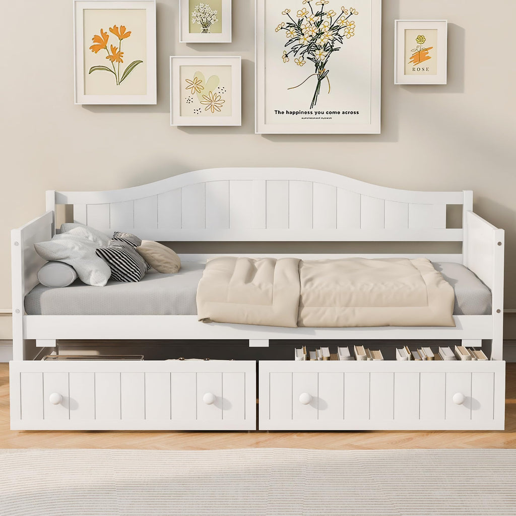 Daybed with Storage Drawers, Sturdy Pine Wood Corner Bed Frame with Headboard, Farmhouse Daybed Living