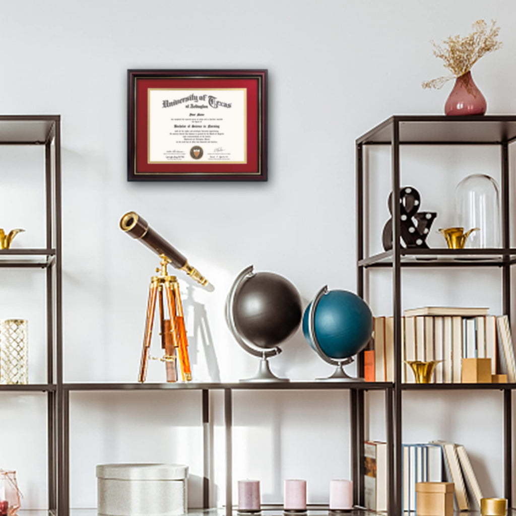 8.5x11 Diploma Frame with Red over Gold Mat or Display 11x14 Certificate without Mat, Solid Wood & Tempered