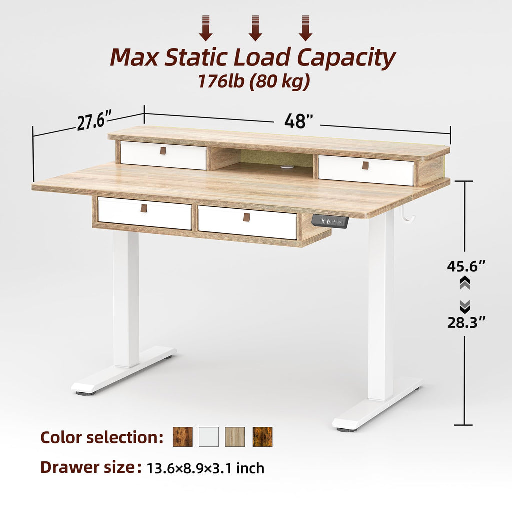 48 * 28 Inch Standing Desk with Four Drawers, Electric Sit Stand Table, Stand Up Desk Adjustable Height with Storage