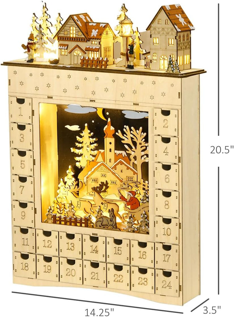 Christmas Wooden Advent Calendar, LED 24 Day Advent Calendar Decorated with Christmas Tree House and LED Lights