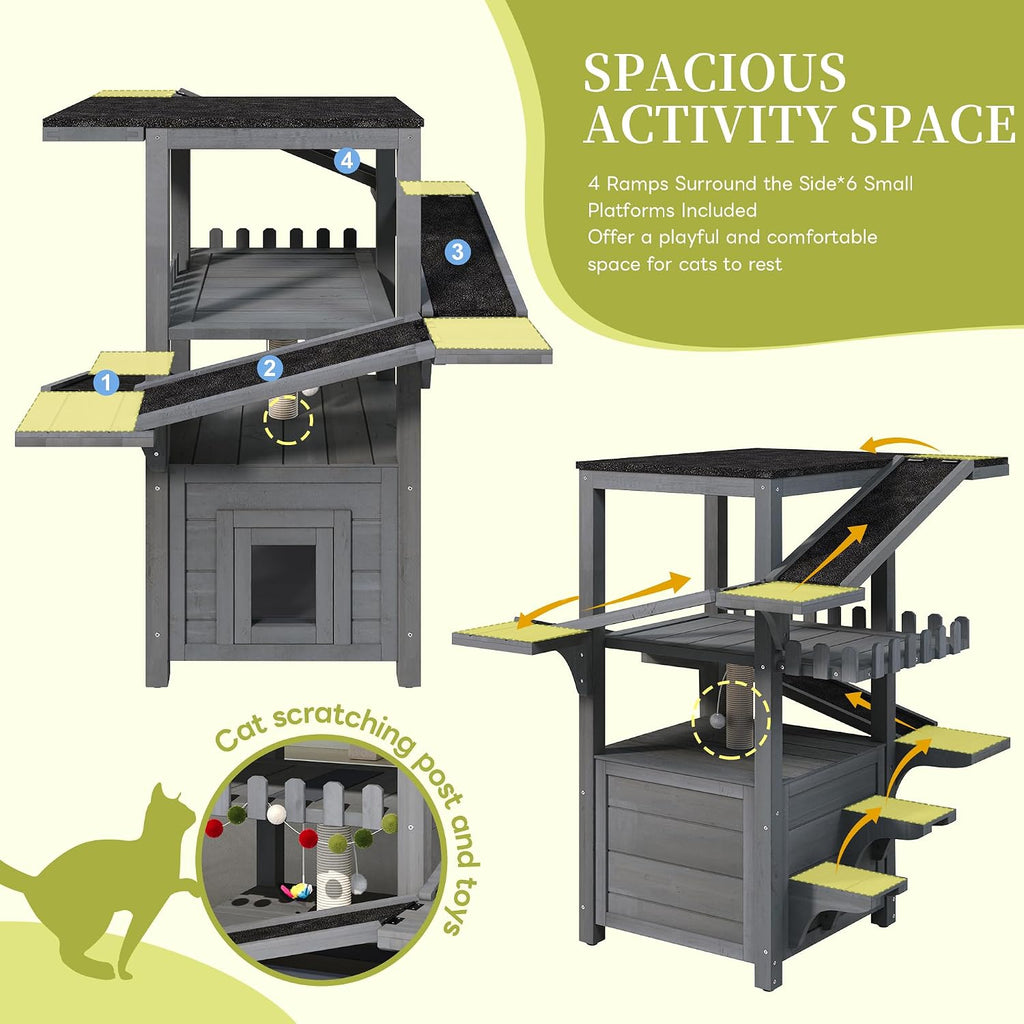 4-Tier Outdoor Cat House, Weatherproof Cat Tree Tower with Roof and 2 Doors