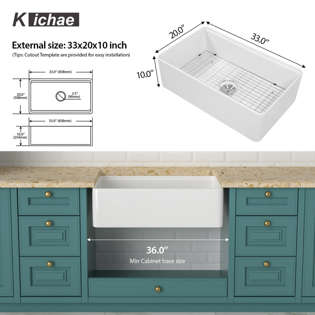33 Inch White Farmhouse Kitchen Sink Workstation Apron Front Farm Sink with Slide Ledge Fireclay Ceramic Porcelain