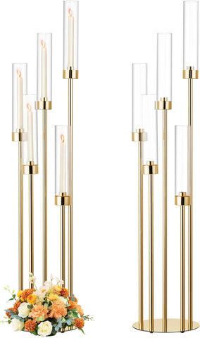 2PCS 42.5In 5 Arm Gold Floor Candelabra, Tall Metal Candle Centerpieces for Tables with Acrylic Lampshade, Home