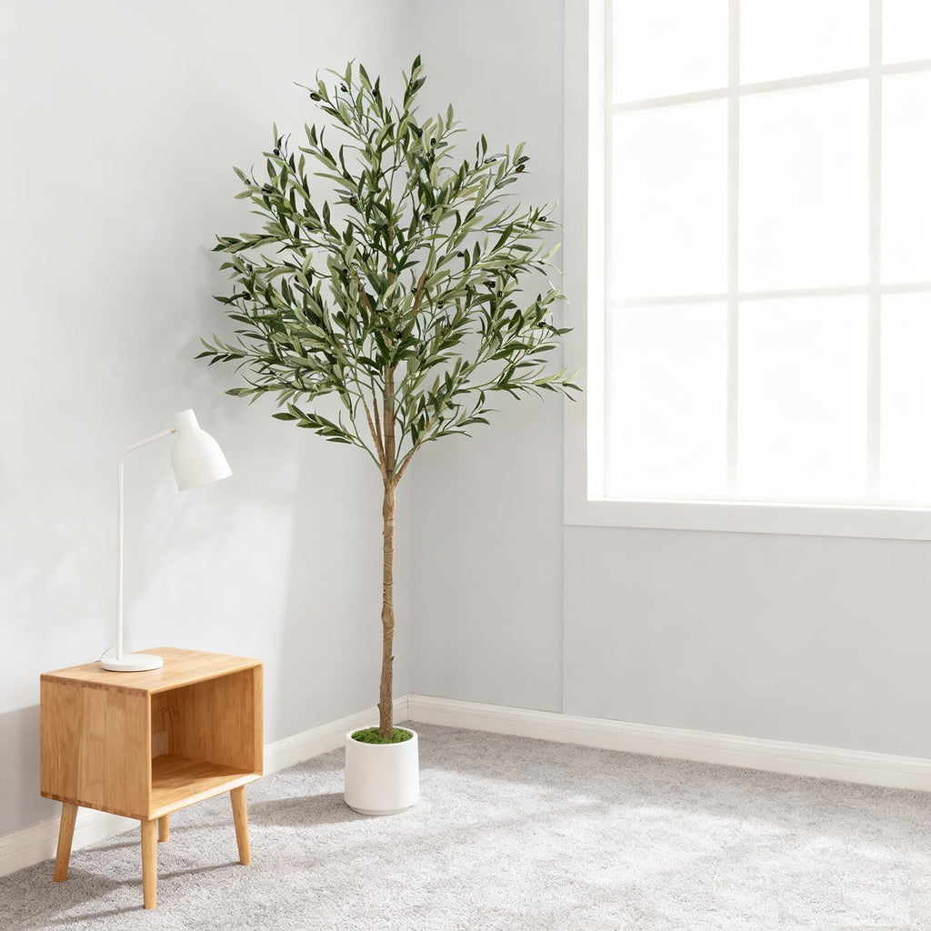 Artificial Olive Tree - Tall Indoor Faux Olive Tree with Planter & Basket, Realistc Fake Olive Tree with Fruits Decor