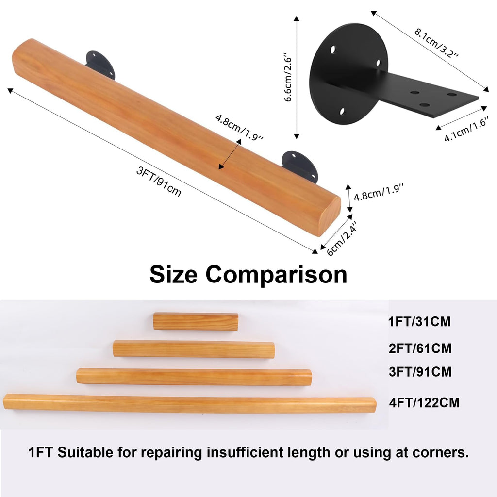 3FT Wood Stair Handrails Wall Mount, Single Piece Staircase Hand Railings