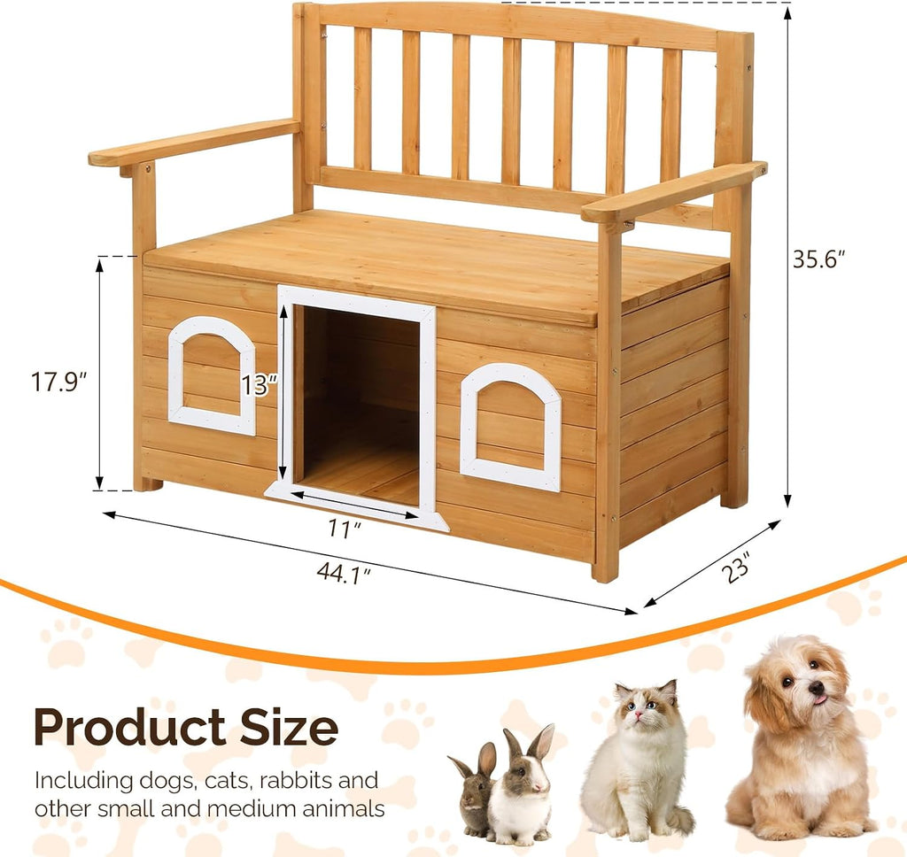 Outdoor Dog House, Wood Bench with Dog House for Small Pets, Outdoor Cat House with Flip Seat for Easy