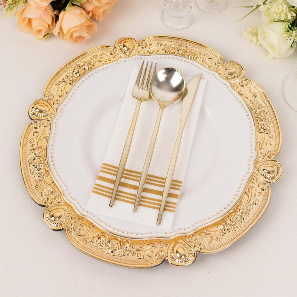 13" Gold Floral Embossed Charger Plates, Round Scalloped Rim Underplates for Spring Weddings and Garden Parties