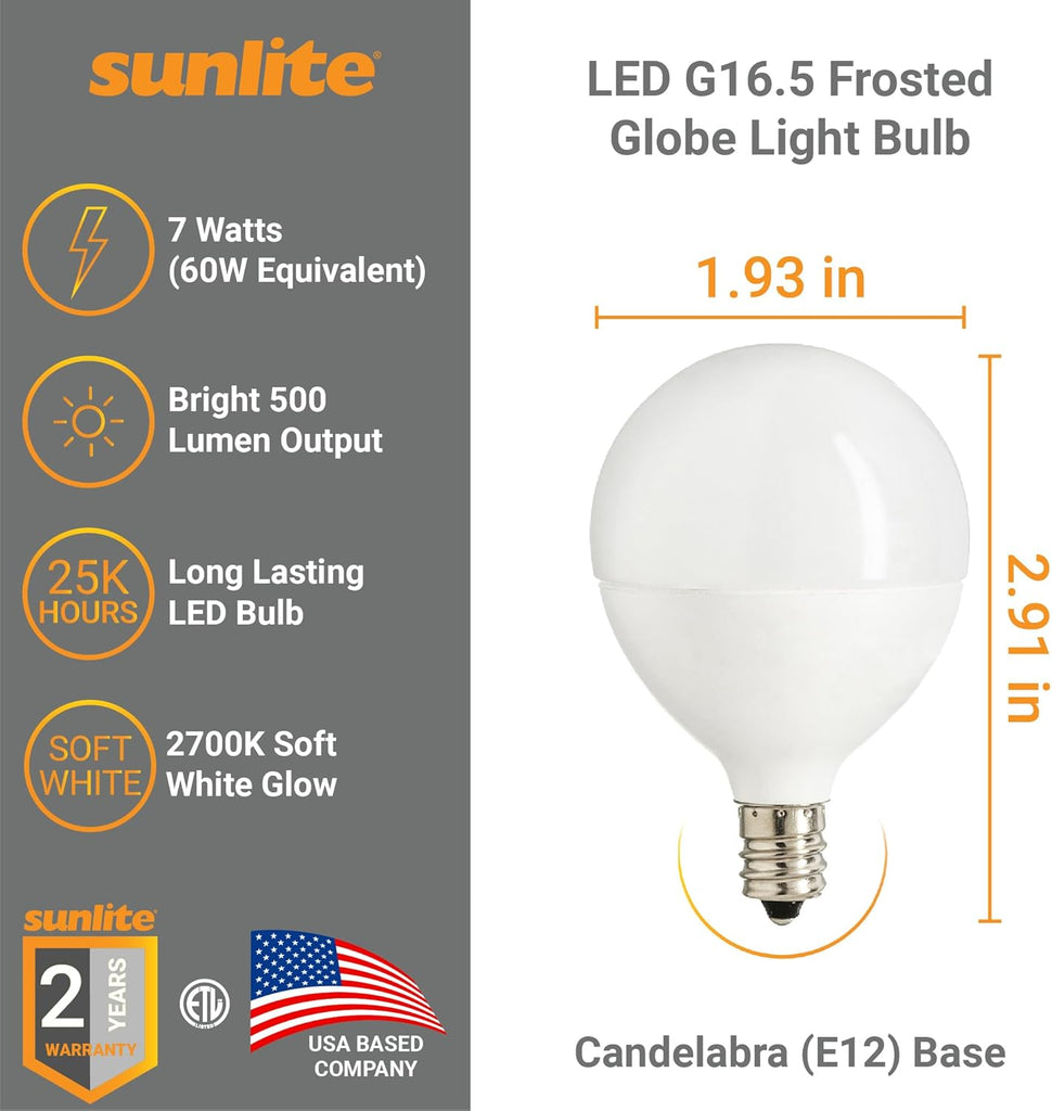G16.5 Light Bulb LED, 7 Watts (60W Equiv.), 500 Lumens, Dimmable, Type G Globe Shape E12 Candelabra Base, Short