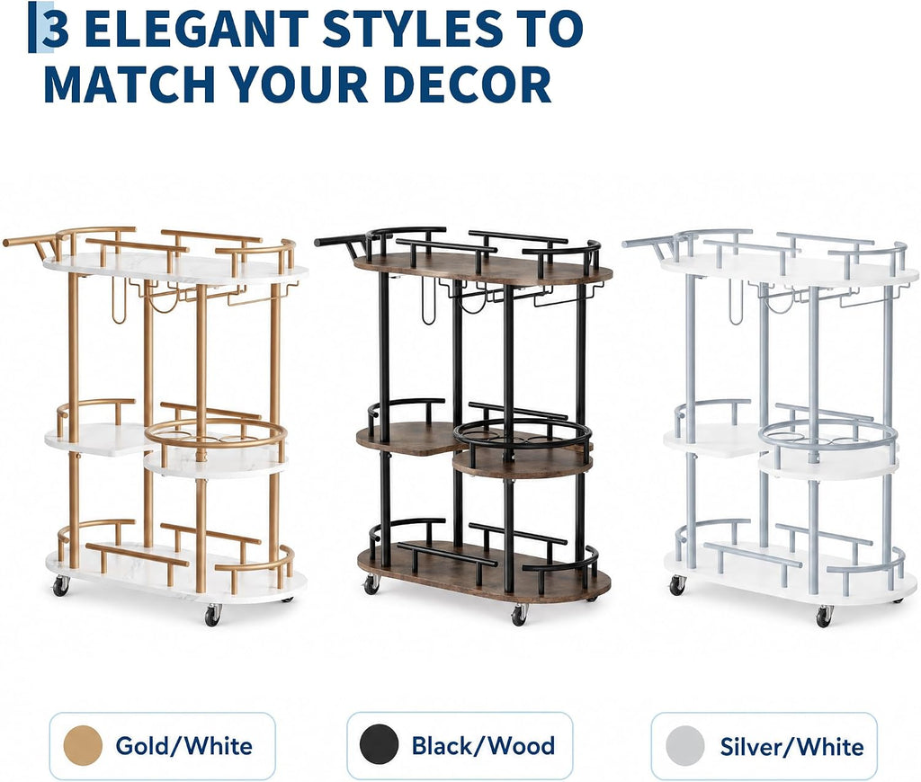 Mobile 3-Tier Serving Cart with Wine Rack and Glass Holder | Metal rolling cart with built-in wine & glass organizer