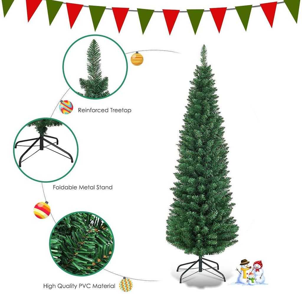 6FT Pencil Christmas Tree Slim Xmas Tree Outdoor Decoration Unlit Artificial Christmas Tree with Foldable Metal Stand