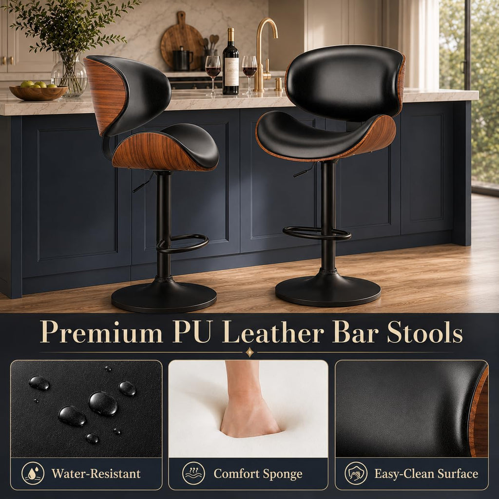 Bentwood Swivel Bar Stools Set of 2, Adjustable, Matte Black