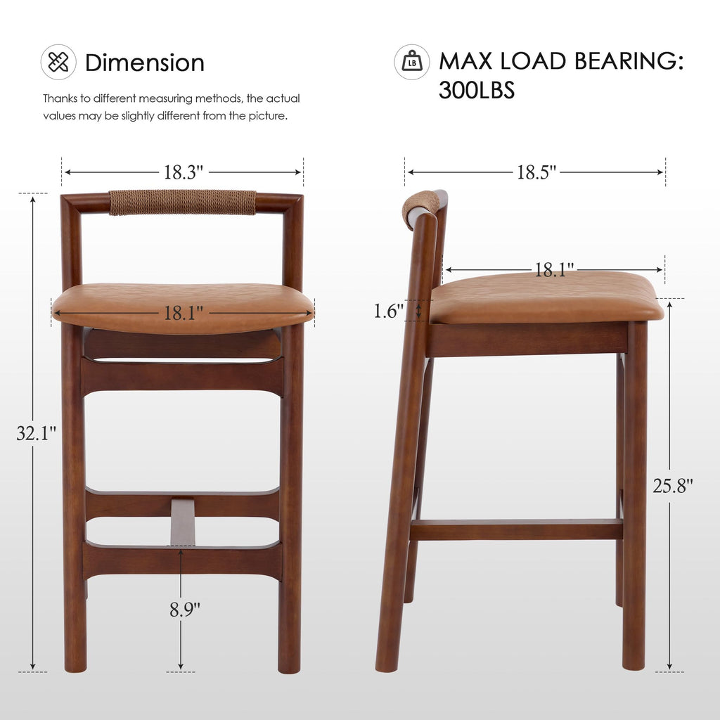 Wood Counter Stools with Woven Paper Cord Accent Back, Set of 2