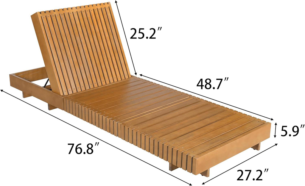Outdoor Chaise Lounge Chair, Patio Lounge Chair, Acacia Wood Chaise Lounge, 6-Position Adjustable Backrest, Slatted