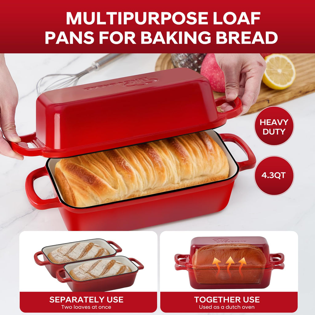 Cast Iron Loaf Pan with Lid 10x5 Inch Enameled Bread Loaf Pan for Sourdough, 2 Piece Set, Red