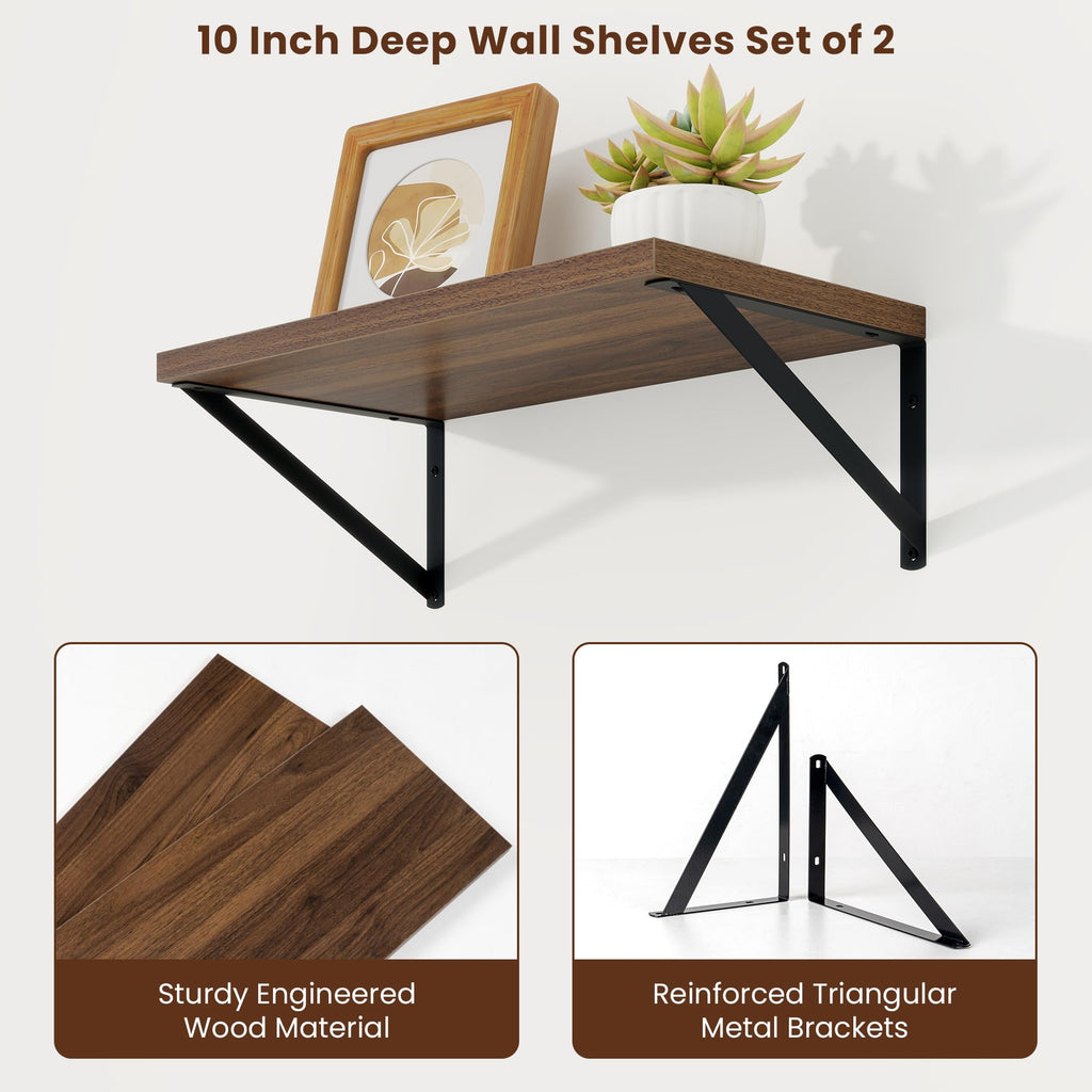 Deep Floating Shelves, 18'' x 10'' Walnut Wall Shelves Set of 2