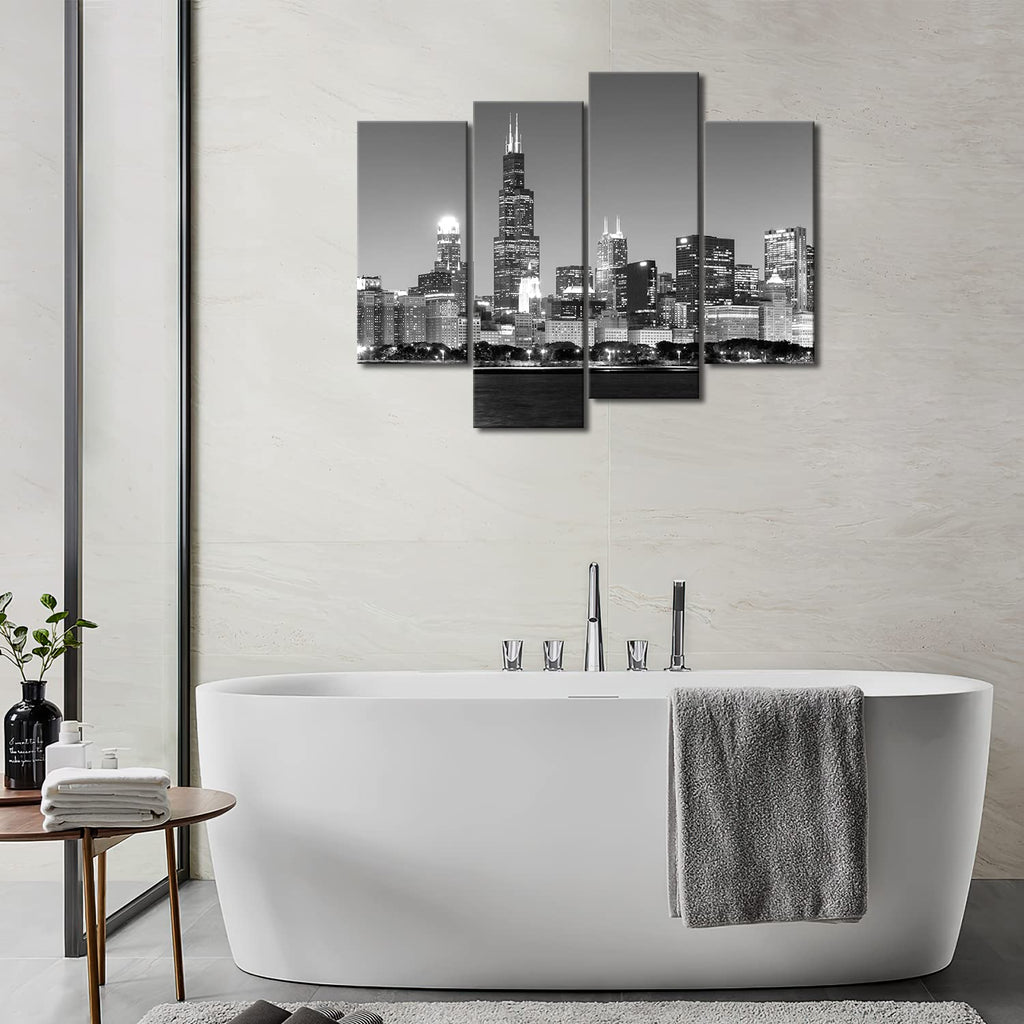 Chicago Wall Chicago Skyline at Night in Black and White Picture Cityscape Print On Canvas Giclee Artwork for Wall