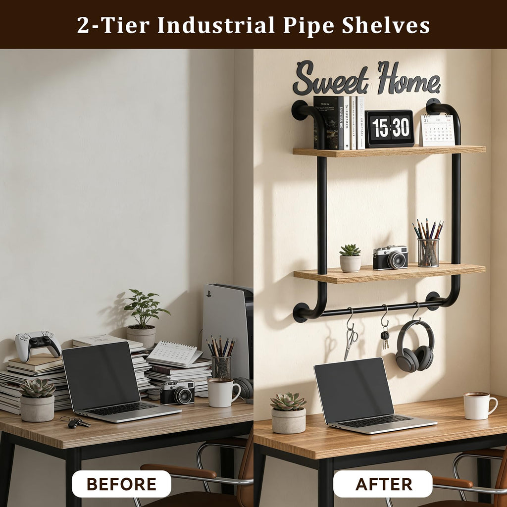 Bathroom Shelves Wall Mounted, Rustic Farmhouse Pipe Shelves, 2-Tier, Industrial Shelving Over Toilet, Floating Shelf