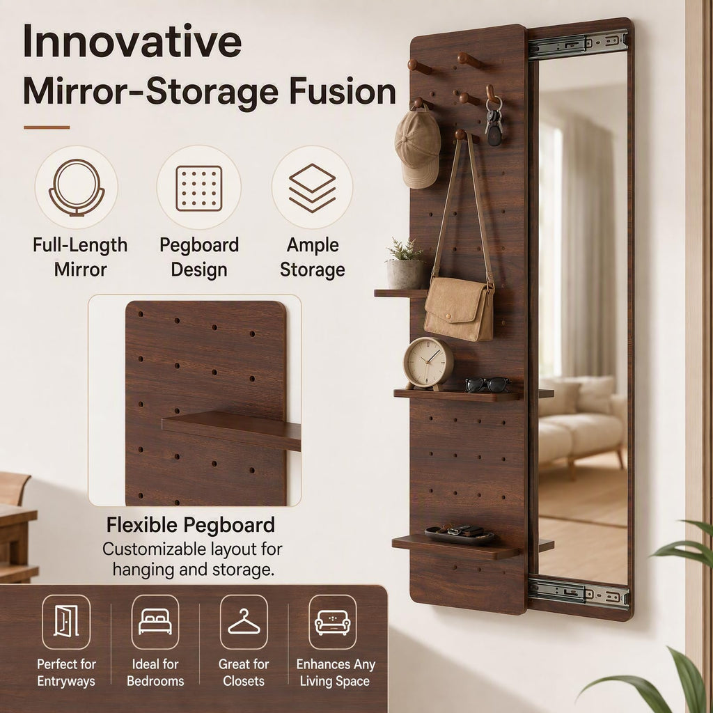 Hide Wall Mounted Mirror,Full Length Mirror with Shelf and Hooks,Space Saving Sliding Pegboard Wood Looking Glass