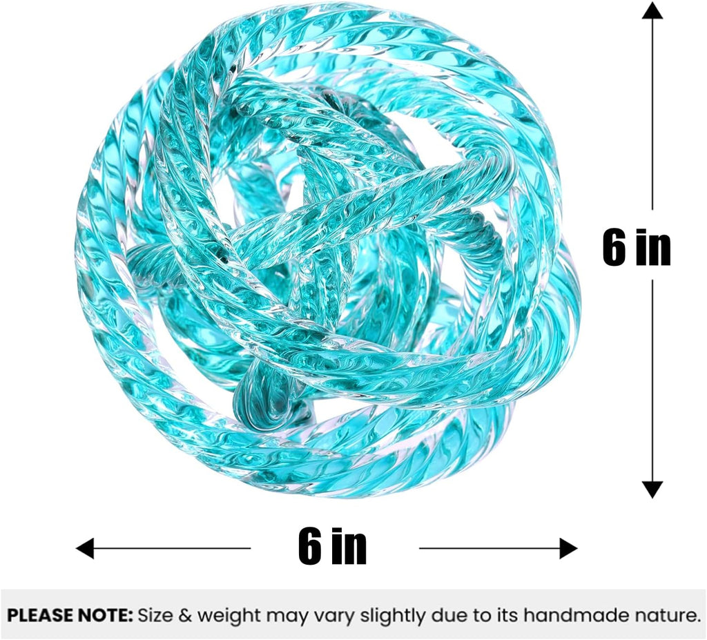 Glass Knot Teal Orbit Ball - 6 Inch Hand Blown Infinity Sculpture Decor Glass Orbit Home Decor Table Decoration
