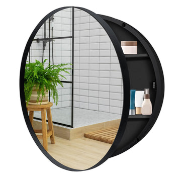 26 x 26 Inch Round Medicine Cabinet with Mirror, Surface Mount Only, Black Metal Frame Bathroom Mirror Cabinet