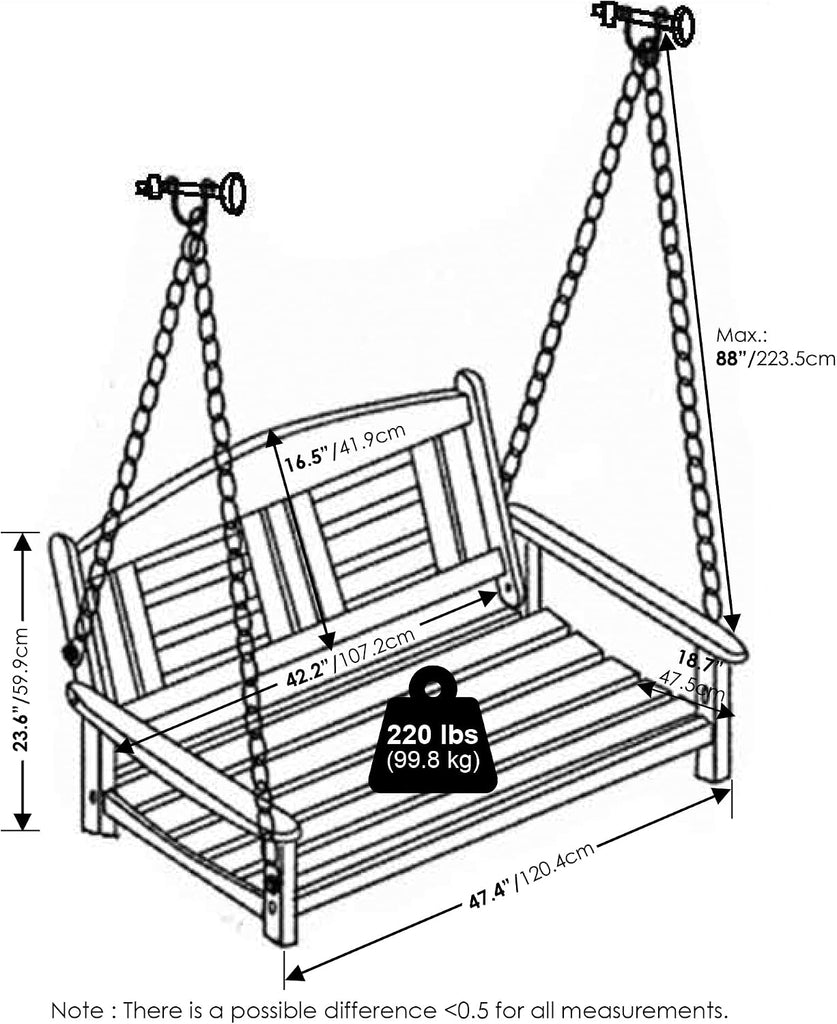 Tioman Hardwood Patio / Garden / Outdoor 4ft Porch Swing, 2 Seater with Hanging Chains, Natural