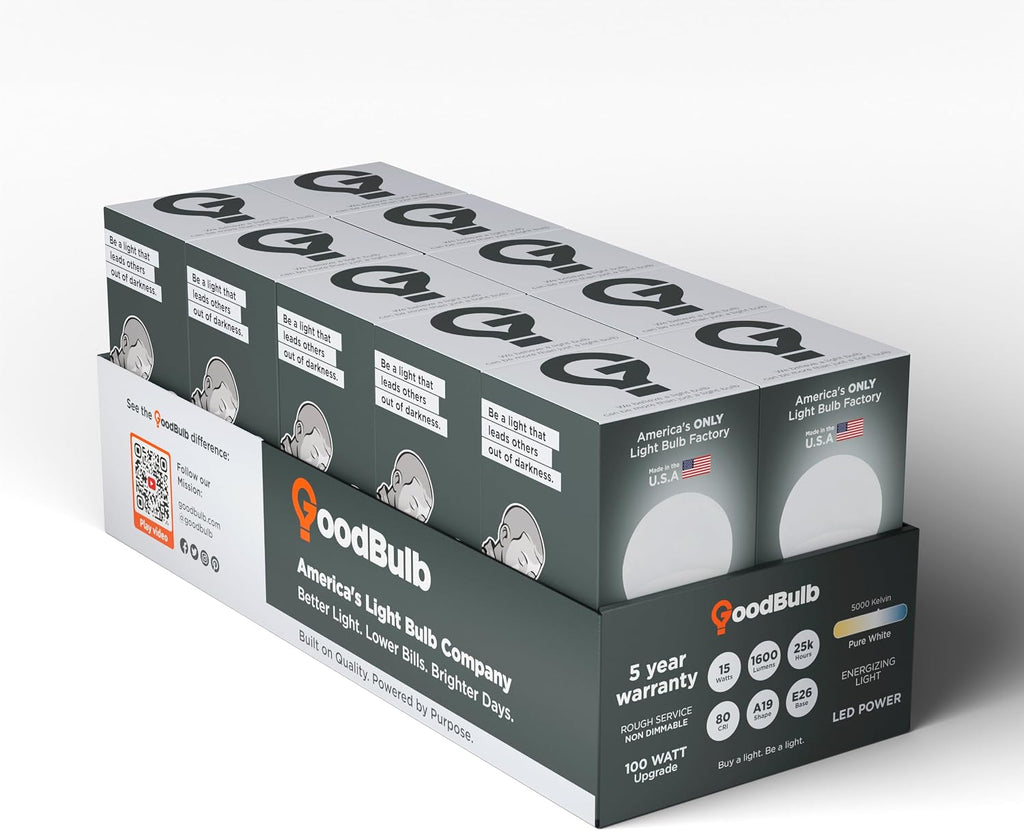 Made in USA A19 LED Light Bulbs, 100W Equivalent, 15W Non-dimmable, 5000K Daylight, 1600 Lumens, E26 Base, 25,000