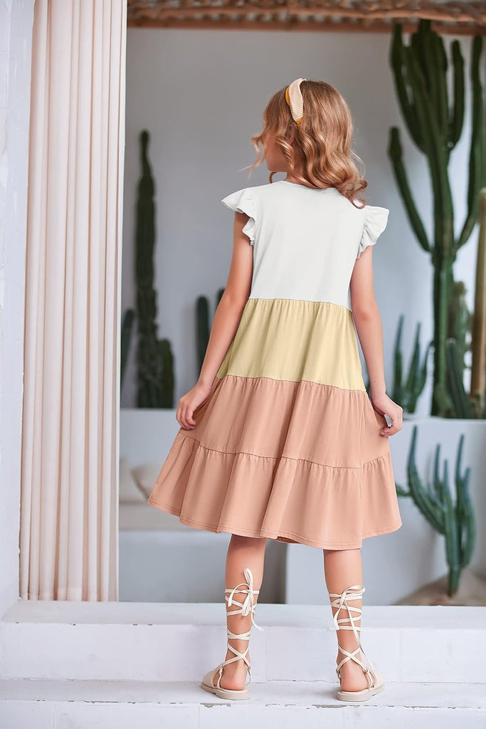 Girls Ruffle Sleeve Tiered Swing Midi Casual Sundress with Pockets